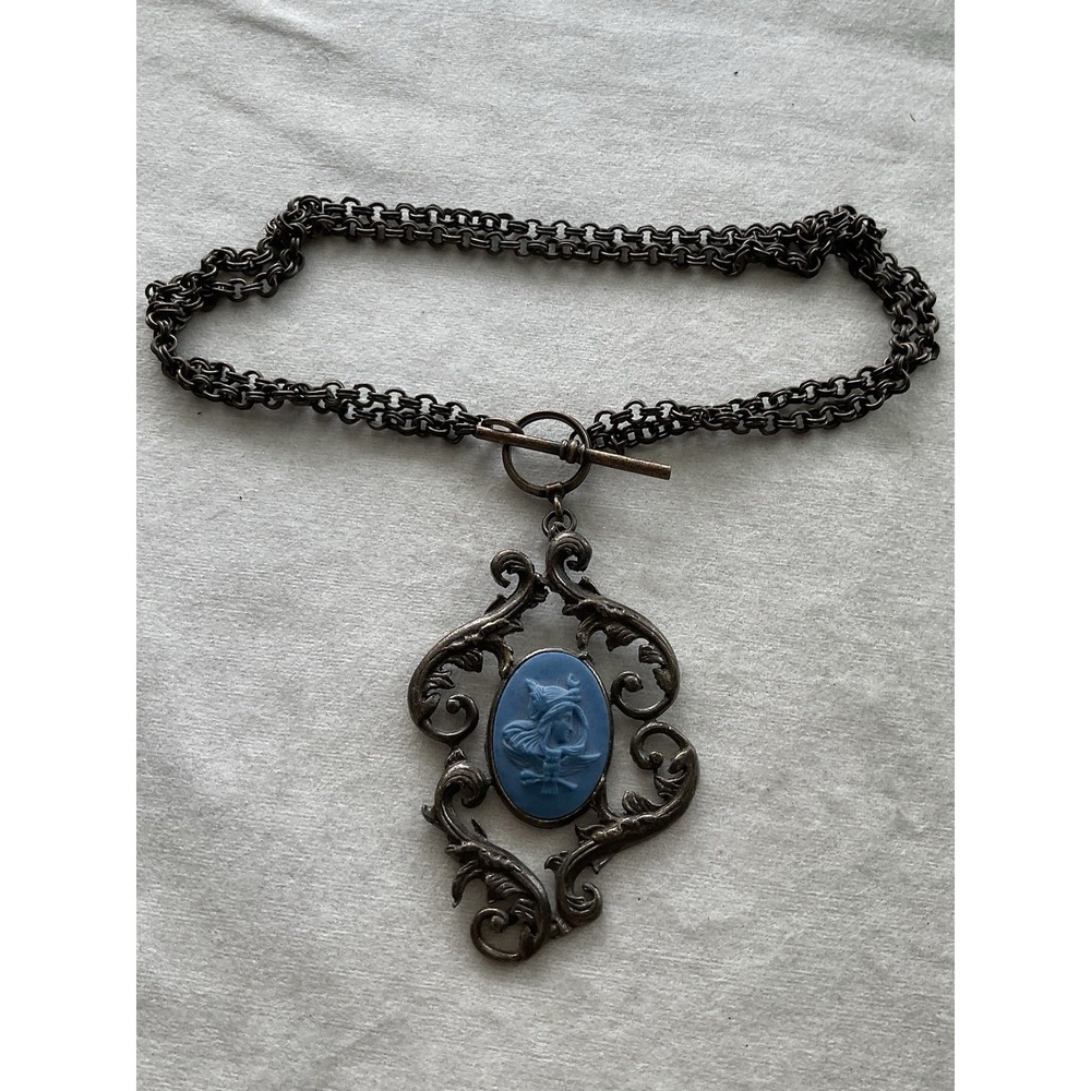 Vintage ornate bronze-tone Blue Cameo Knight Shield necklace Estate Jewelry